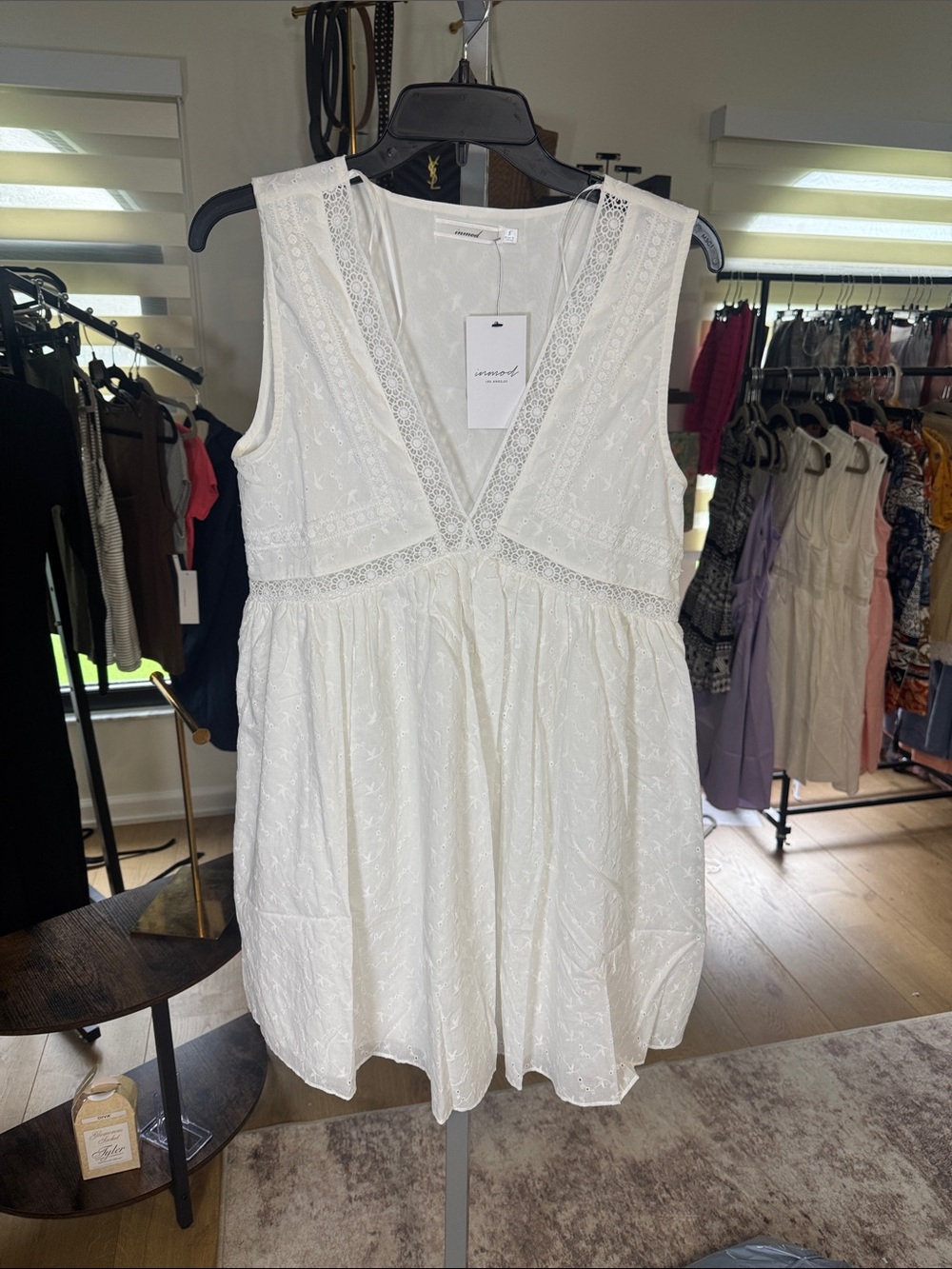 Sleeveless White Lace V-Neck Cotton Mini Dress